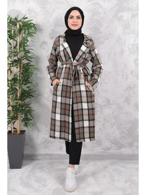 Bestenur Haki Elçin Çizgi Detaylı Çift Cepli Hırka