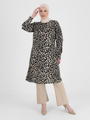 ZENANE Ekru Leopar Desenli Salaş Tunik