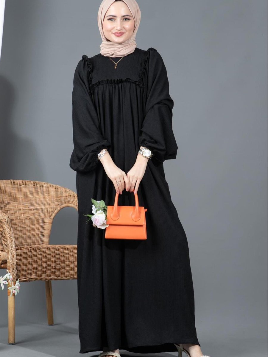 Sevitli Fırfırlı Robalı Bürümcük Elbise Siyah