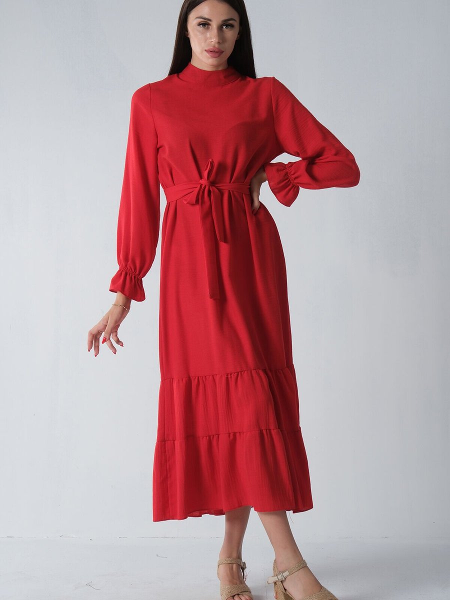Ardanewline Kırmızı Etek Ucu Fırfırlı Elbise