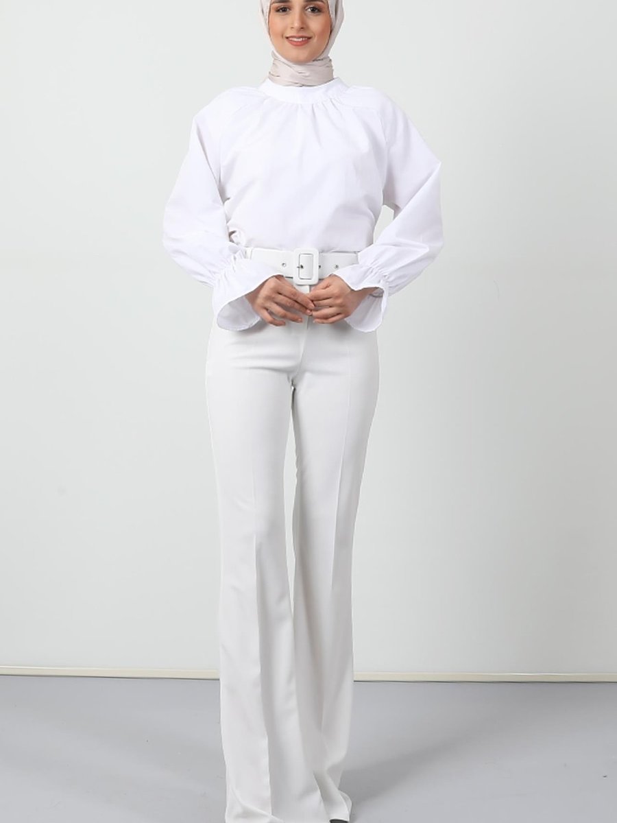 Giza Giyim Uzun Ispanyol Paça Pantolon Beyaz