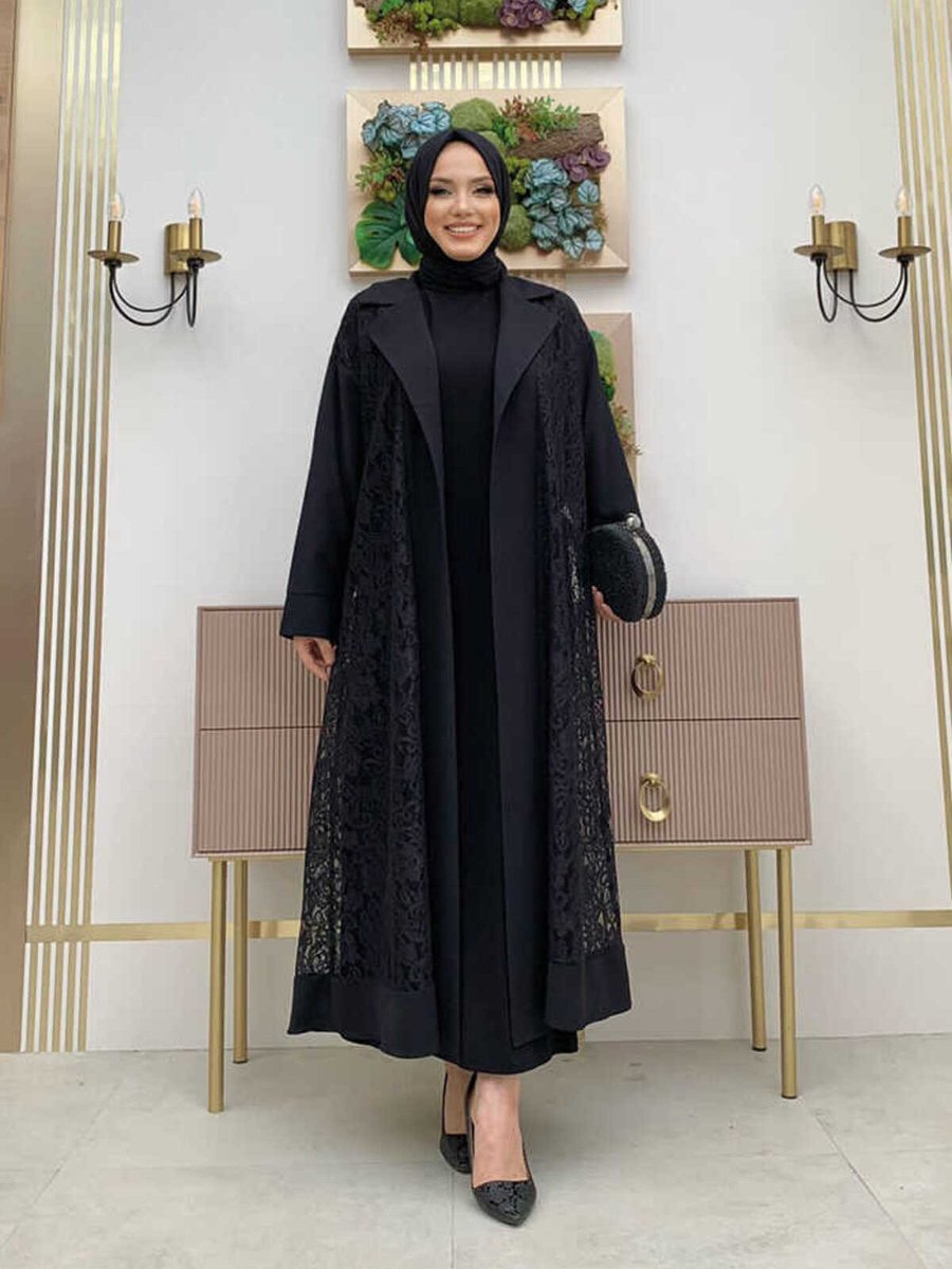 Bym Fashion Yakalı Dantel Güpür Detay Abaya Siyah