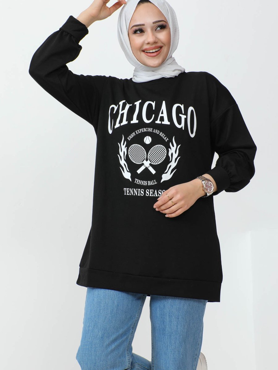 İmajbutik Siyah Tenis Baskılı İki İplik Sweatshirt