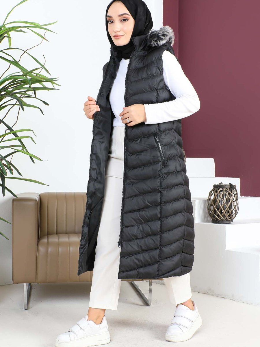 İmajbutik Siyah Kapüşonlu Fermuarlı Şişme Yelek