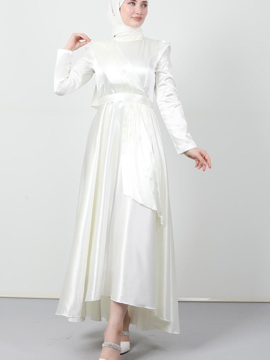 Giza Giyim Yarım Pile Detay Elbise Kırık Beyaz