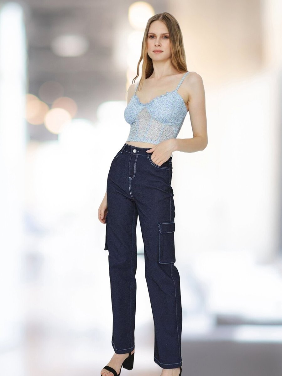 Select Moda Mavi Kontrast Dikişli Kargo Cepli Yüksek Bel Wide Leg Denim Pantolon