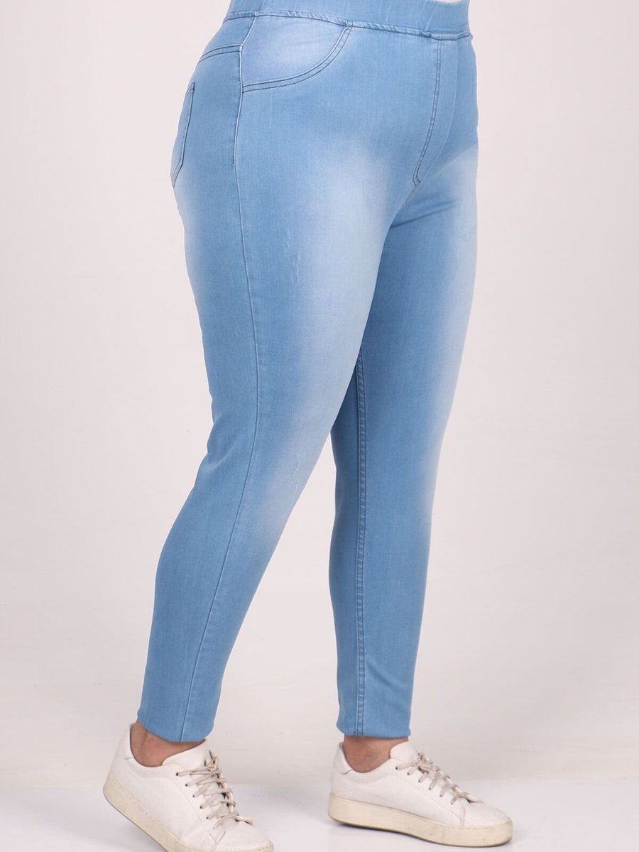 Moda Rosa Buz Mavi Büyük Beden Beli Lastikli Taşlı Tırnaklı Dar Paça Kot Pantolon