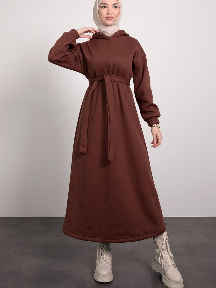 Lamia Giyim Kapüşonlu Seyyar Kuşaklı Elbise Kahverengi