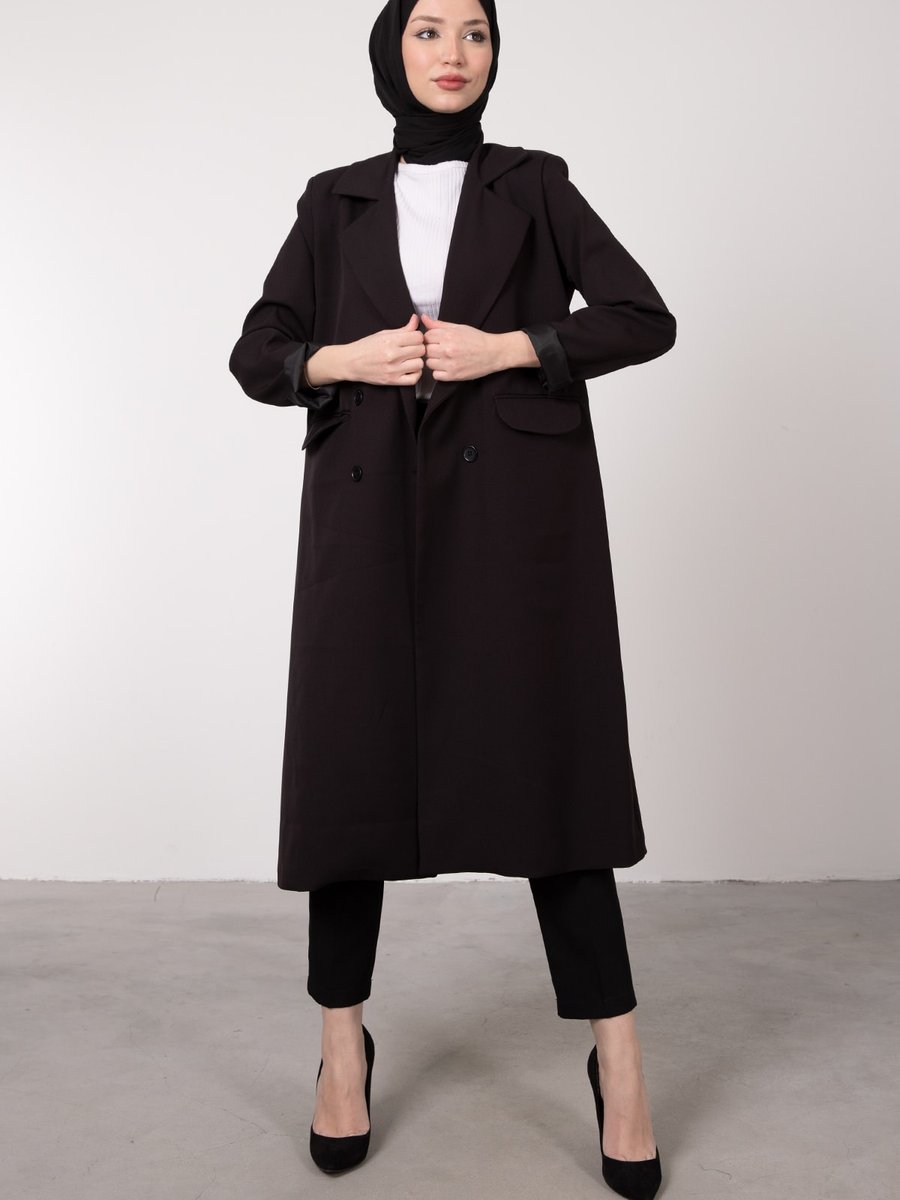 Lamia Giyim Blazer Görünümlü Uzun Kap Siyah