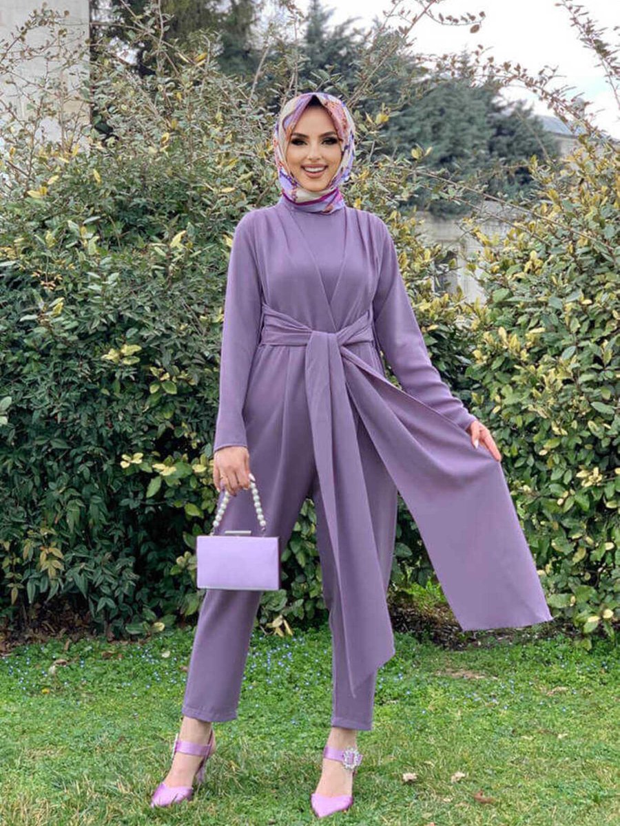 Bym Fashion Bel Bağlama Detaylı Yarım Boğaz Detay Tulım Lila