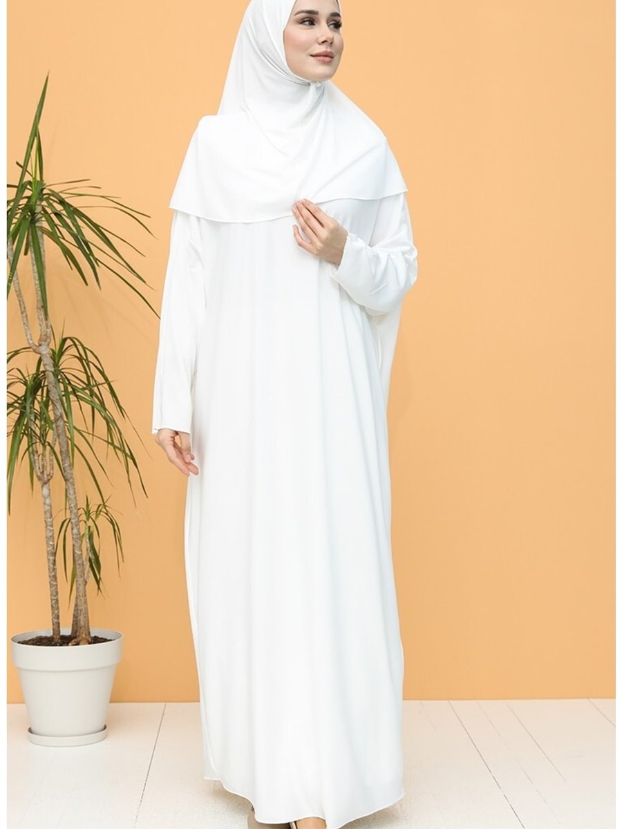 Sahra Şal Dünyası Kolay Giyilebilen Tek Parça Namaz Elbisesi Beyaz