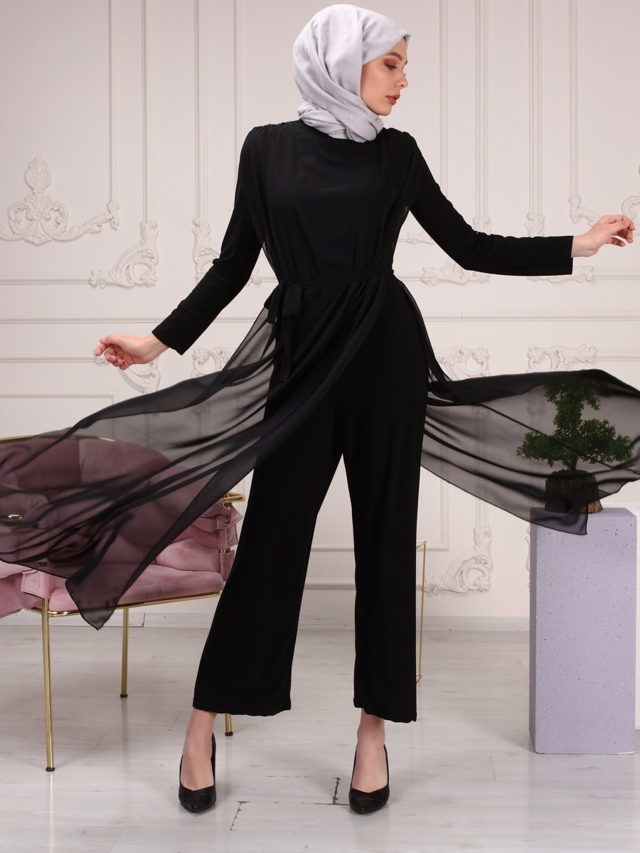 Aranlı Tekstil Şifon Seyyar Kemerli Uzun Tulum Elbise