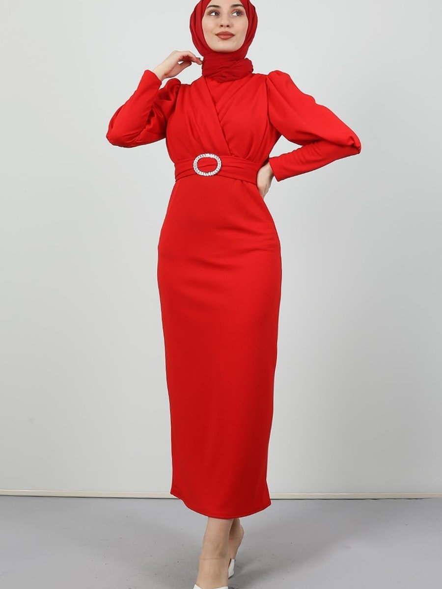 Giza Giyim Yakası Çapraz Elbise Kırmızı