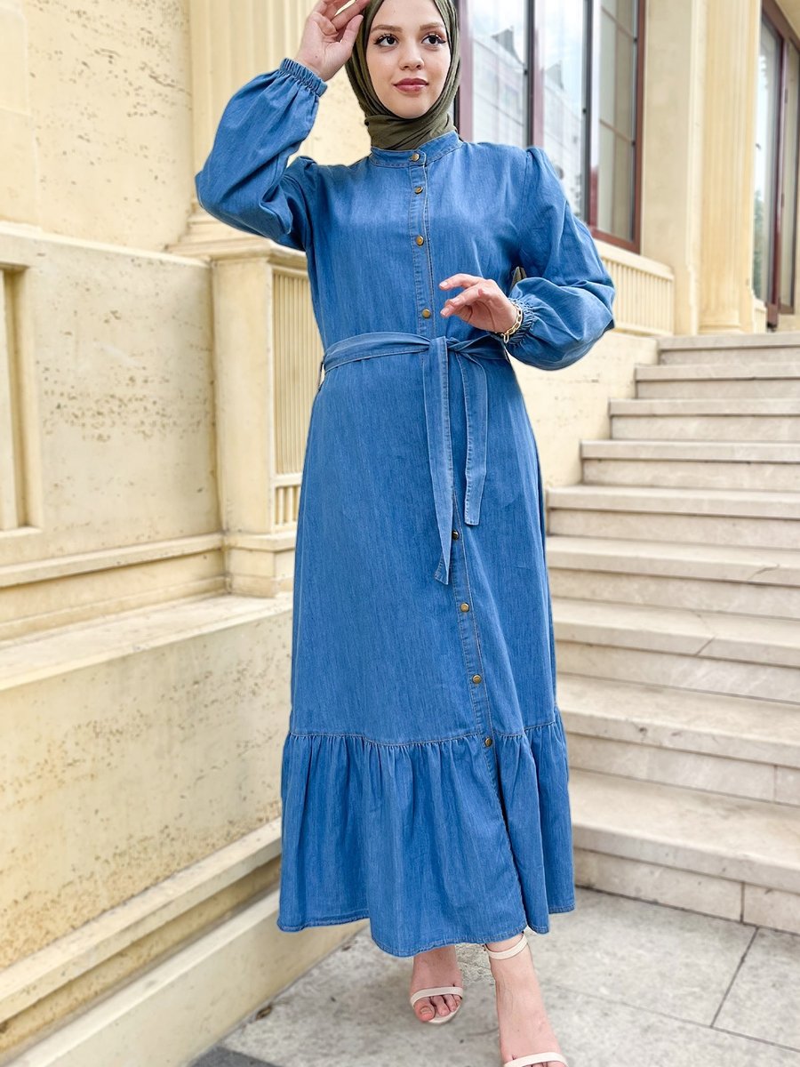 Tesettür Dünyası Hakim Yaka Kot Elbise Açık Mavi