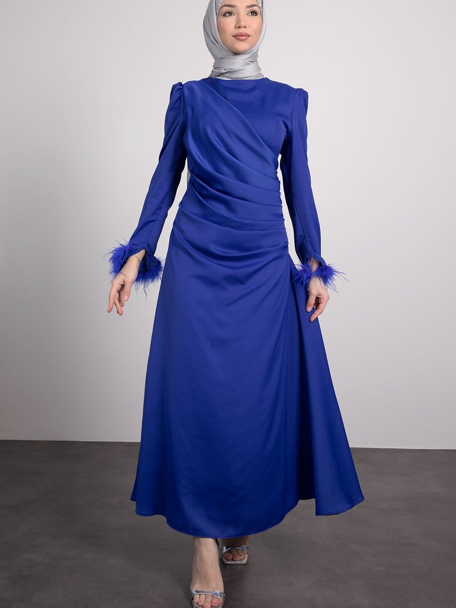 Lamia Giyim Önü Pilise Ve Düğme Detaylı Abiye Elbise Saks