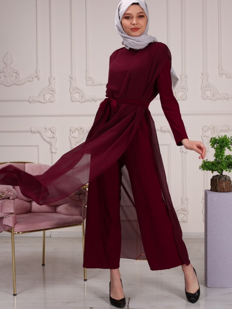 Aranlı Tekstil Şifon Seyyar Kemerli Uzun Tulum Elbise