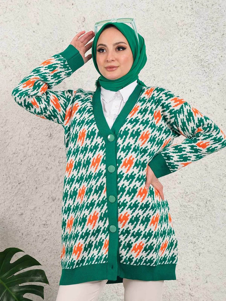 İmajbutik Yeşil Modest Düğmeli Desenli Triko Hırka