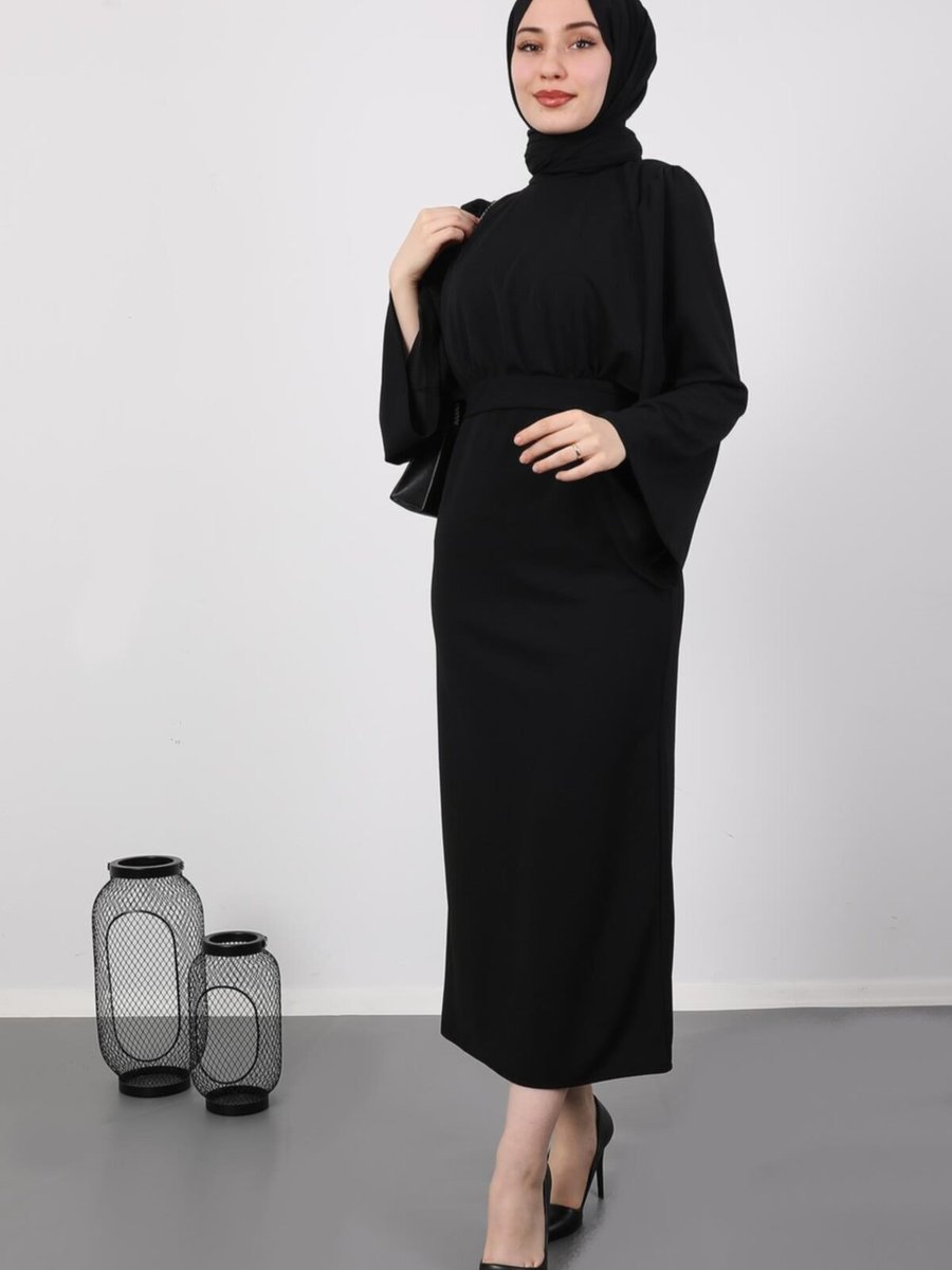 Giza Giyim Göğsü Pelerinli Elbise Siyah