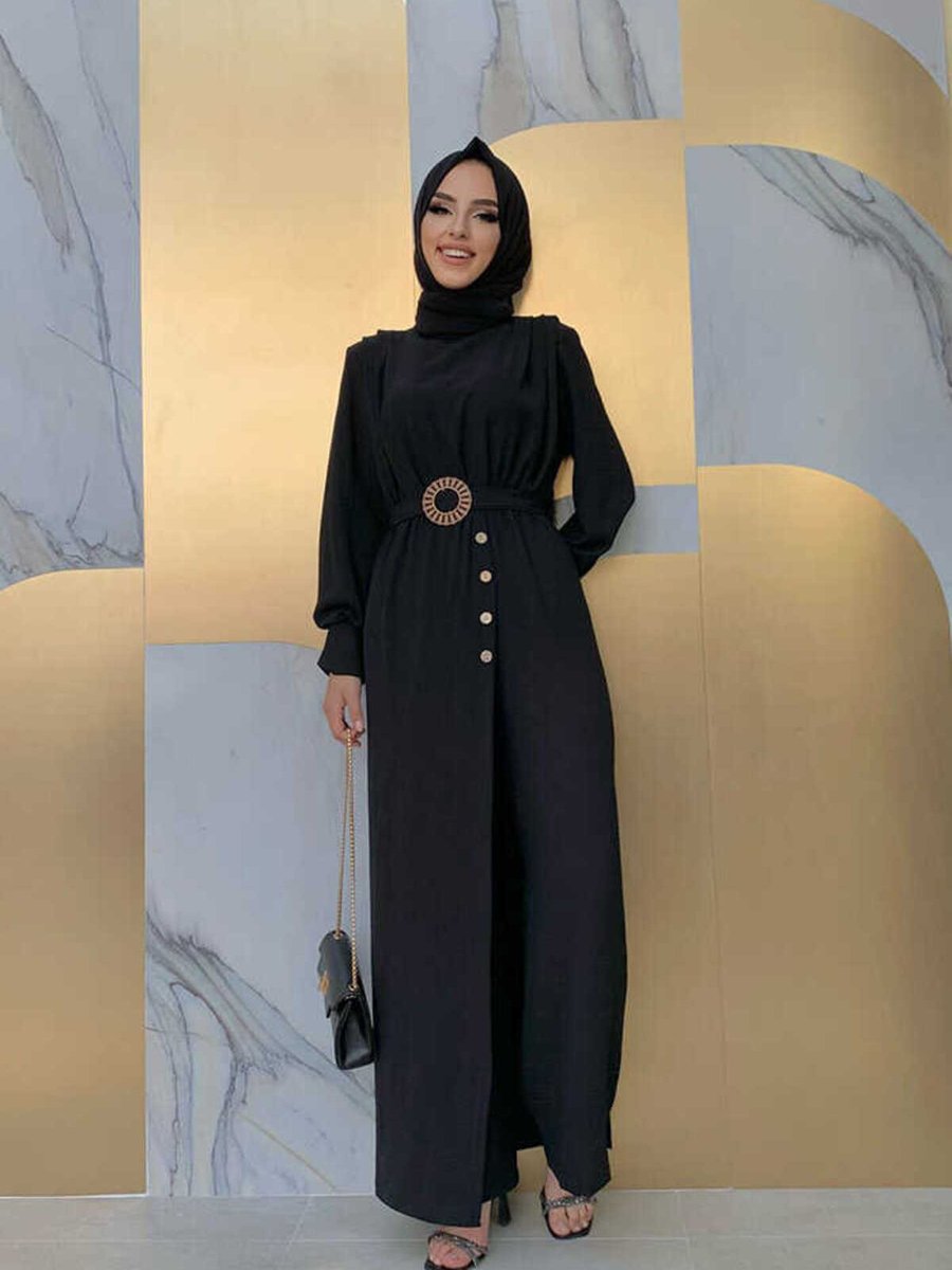 Bym Fashion Bel Lastikli Düğme Görünümlü Kemer Aksesuarlı Tulum Siyah