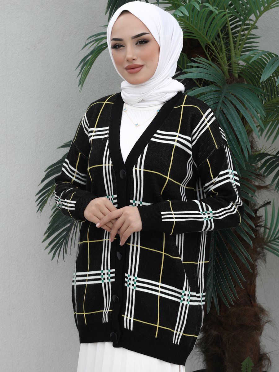 İmajbutik Siyah Modest Düğmeli Çizgili Triko Hırka