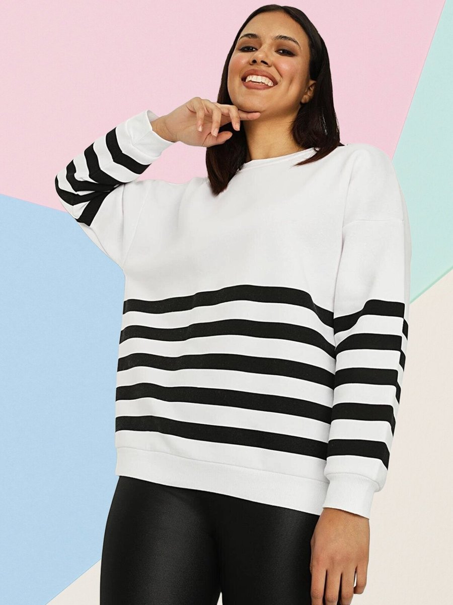 Select Moda Beyaz Çizgili Oversize Örme Sweatshirt