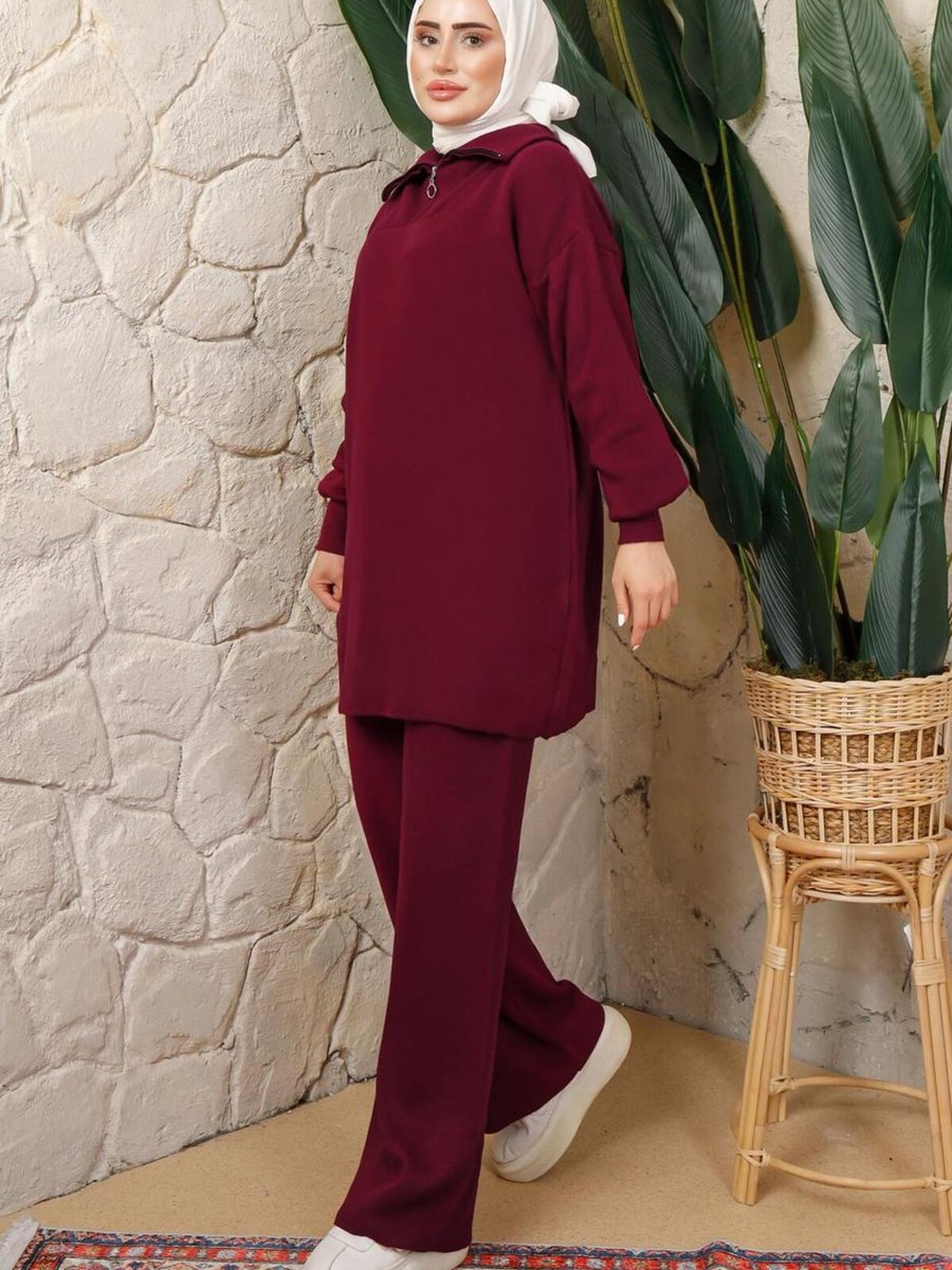 Trendtesettür Bordo Fermuar Yaka Pantolonlu Triko Takım T