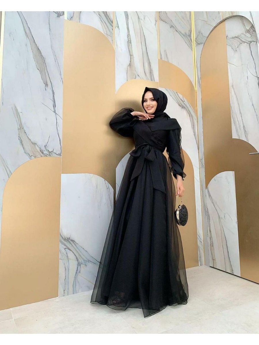Lovely Fashion Arkası Fermuarlı Kuşak Detaytül Abiye Elbise