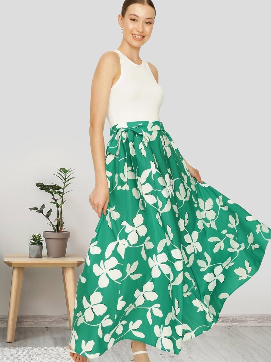 Select Moda Yeşil Desenli Kuşaklı Volanlı Uzun Etek