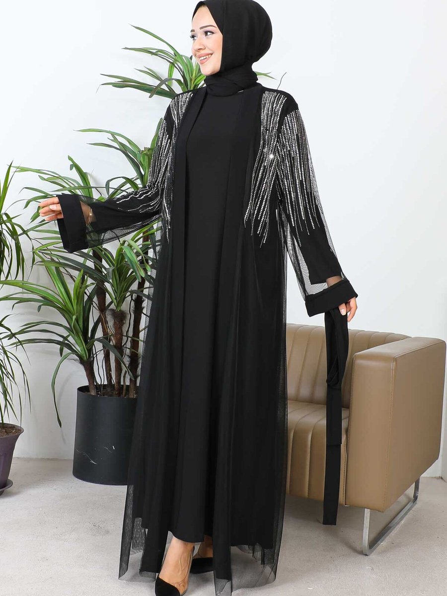 İmajbutik Siyah Taşlı Tül Abaya