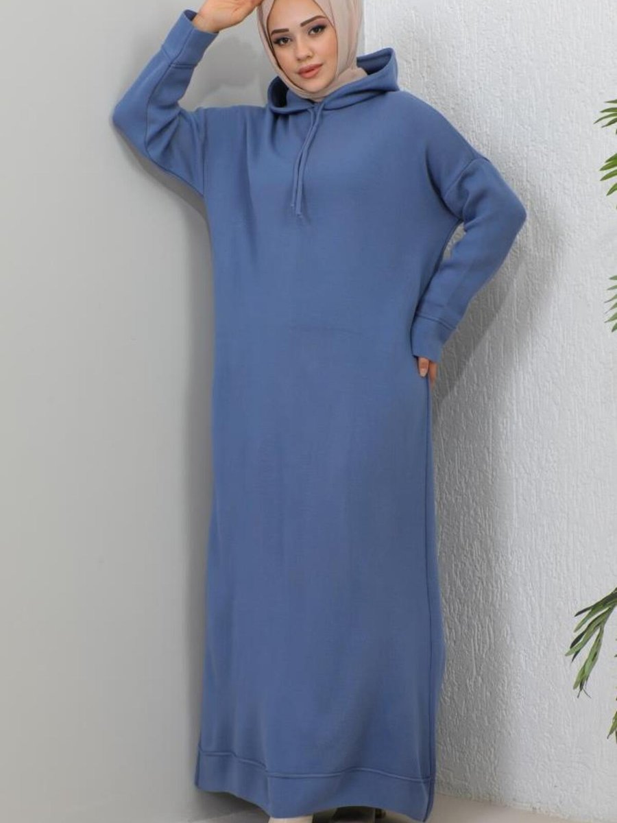 Benguen Kapüşonlu Triko Elbise Mavi