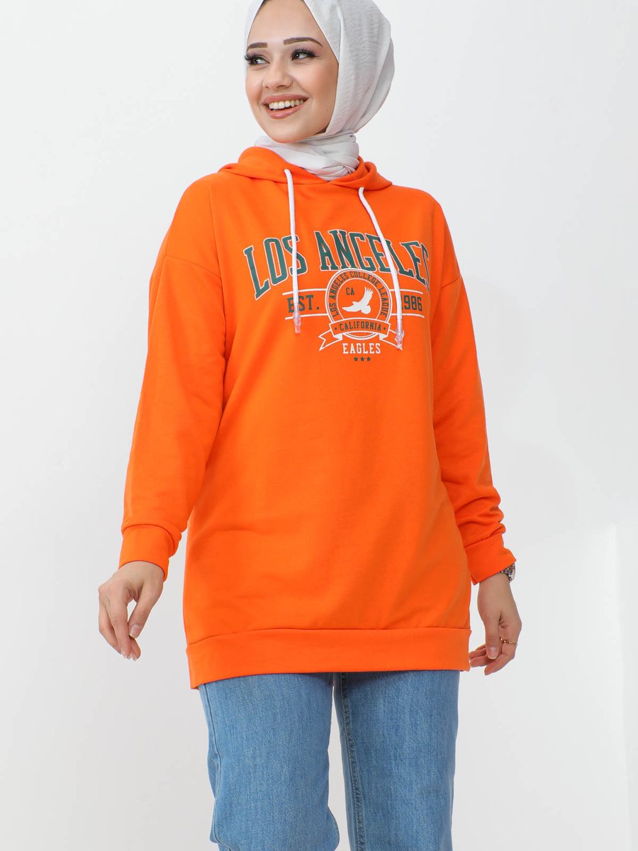 İmajbutik Orange Kapüşonlu Los Angeles Baskılı İki İplik Sweatshirt