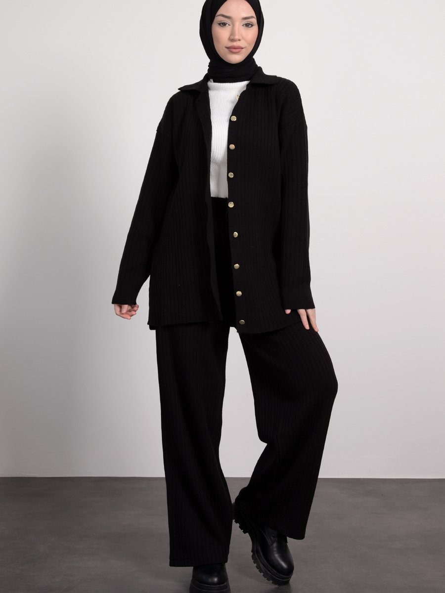 Lamia Giyim Gold Düğmeli Çizgili Dokuma Triko Takım Siyah