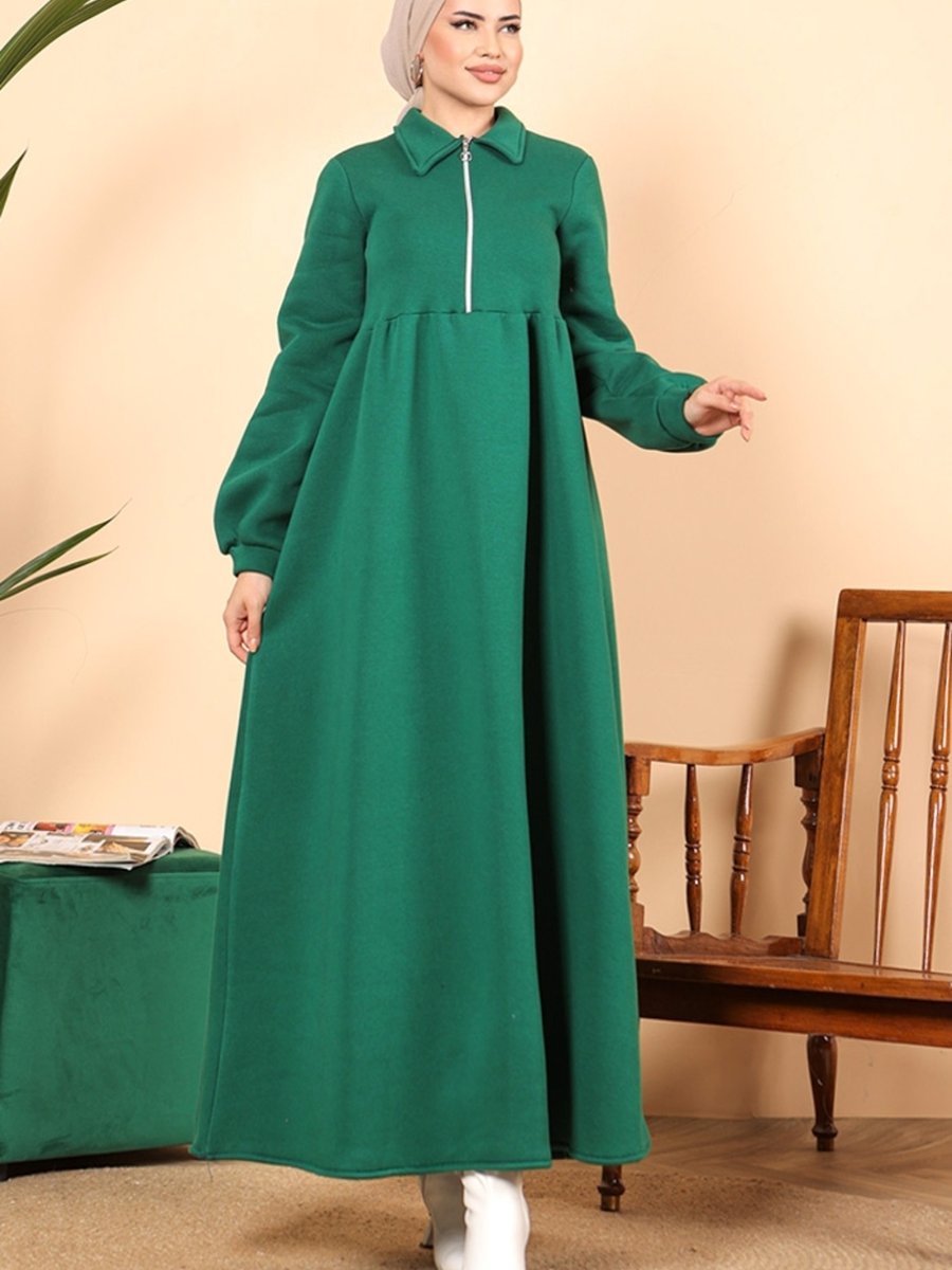 Bestenur Dicle Yarım Fermuarlı Elbise Zümrüt Yeşili