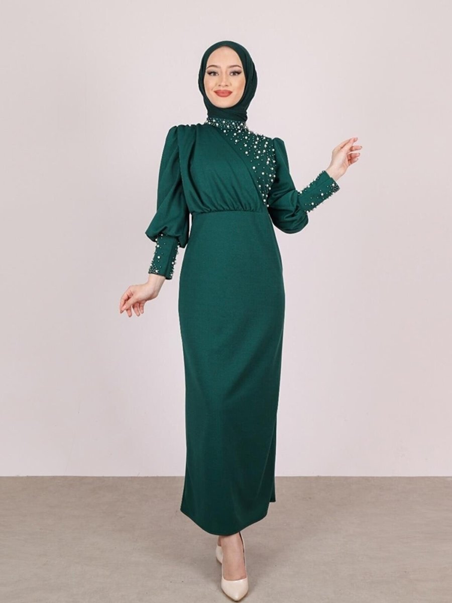 Hera Fashion İnci Detaylı Özel Gün Elbisesi Zümrüt