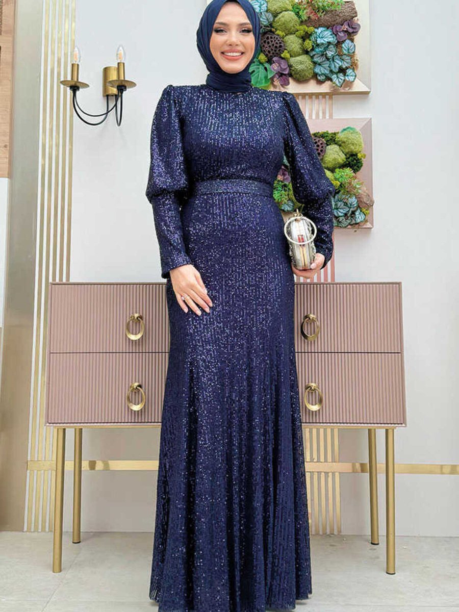 Bym Fashion Kemer Aksesuarlı Pul Payet Balık Abiye Elbise Lacivert