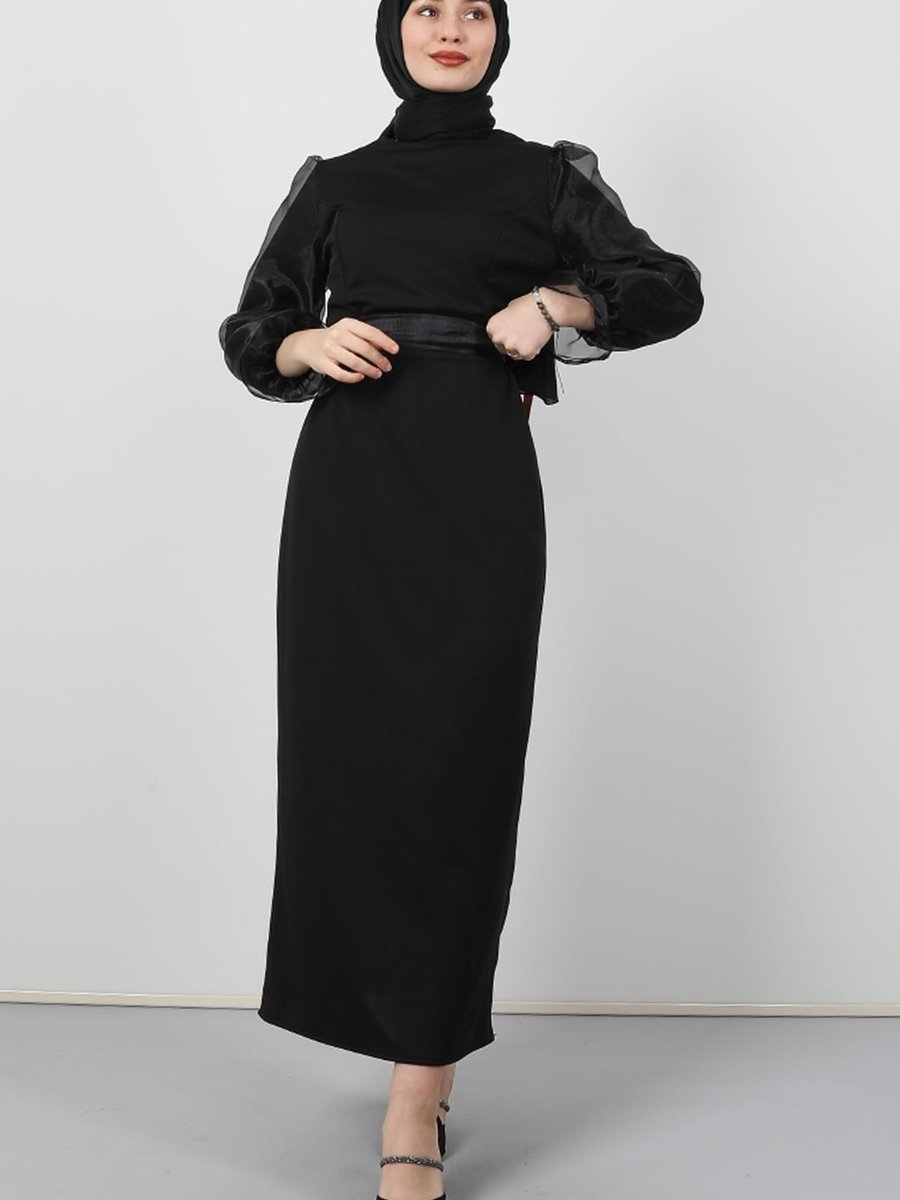 Giza Giyim Organze Detay Tesettür Elbise Siyah