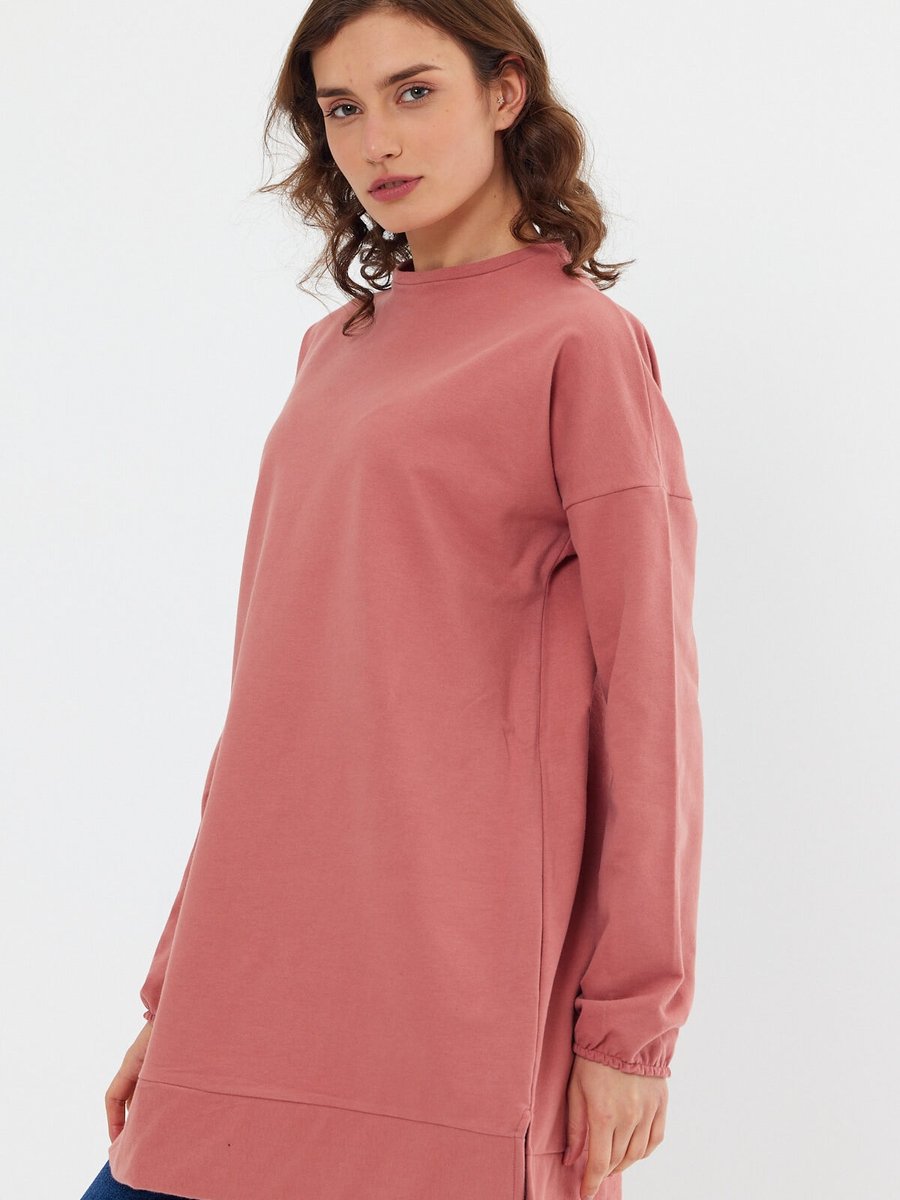 Gippe Collection Kol Ucu Lastikli Yırtmaçlı Basic Sweatshirt Somon