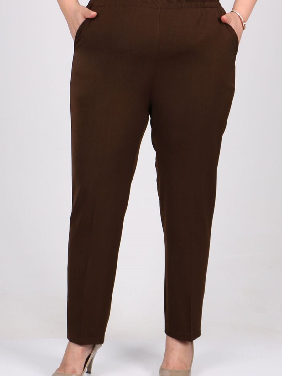 Moda Rosa Kahverengi Büyük Beden Beli Lastikli Boru Paça En Boy Likra Pantolon