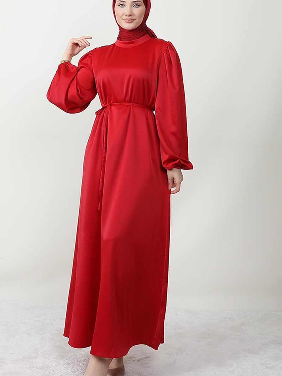 Giza Giyim İnce Kuşaklı Saten Elbise Kırmızı