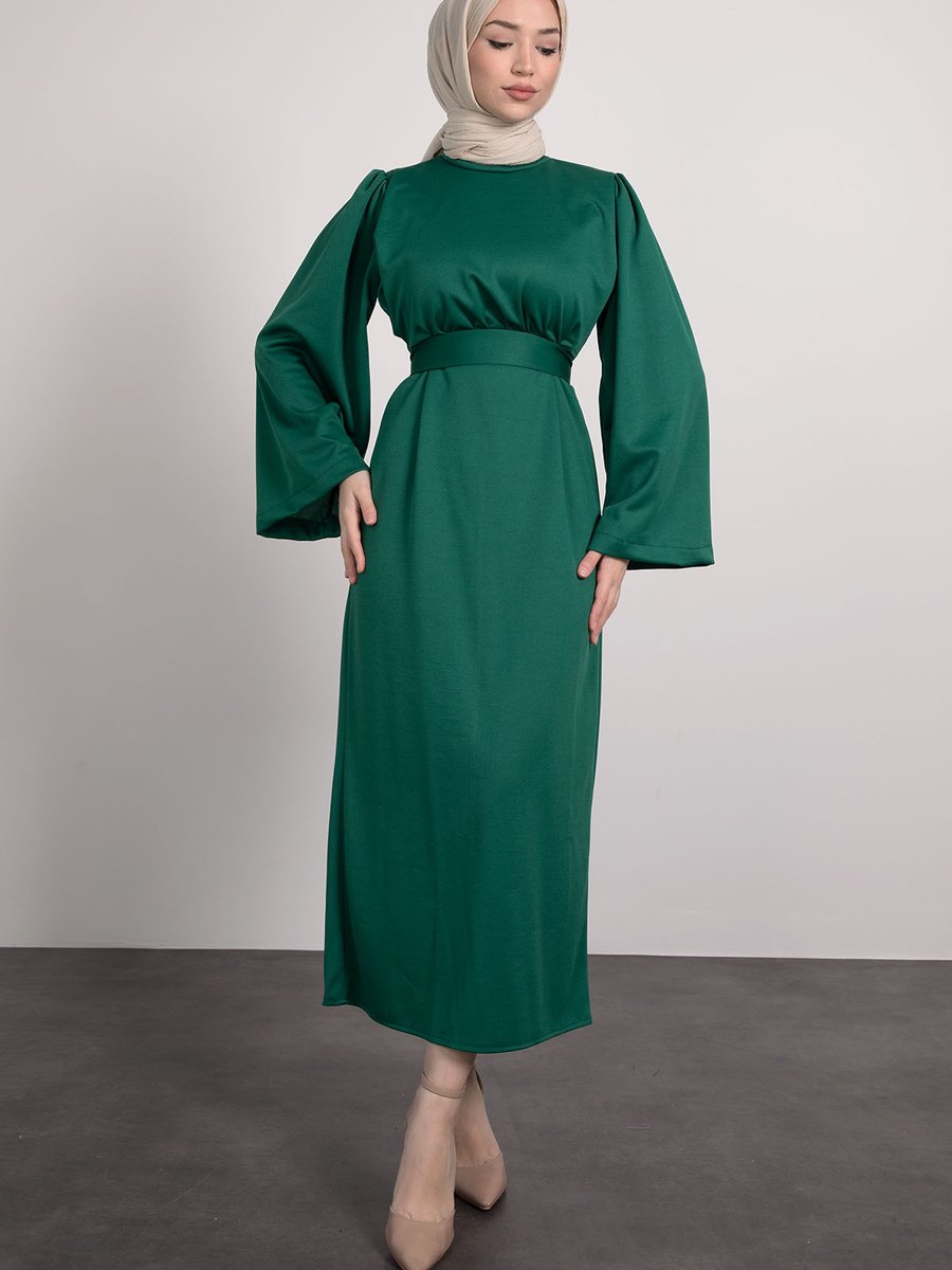 Lamia Giyim Volan Kol Kuşaklı Elbise Çim Yeşili