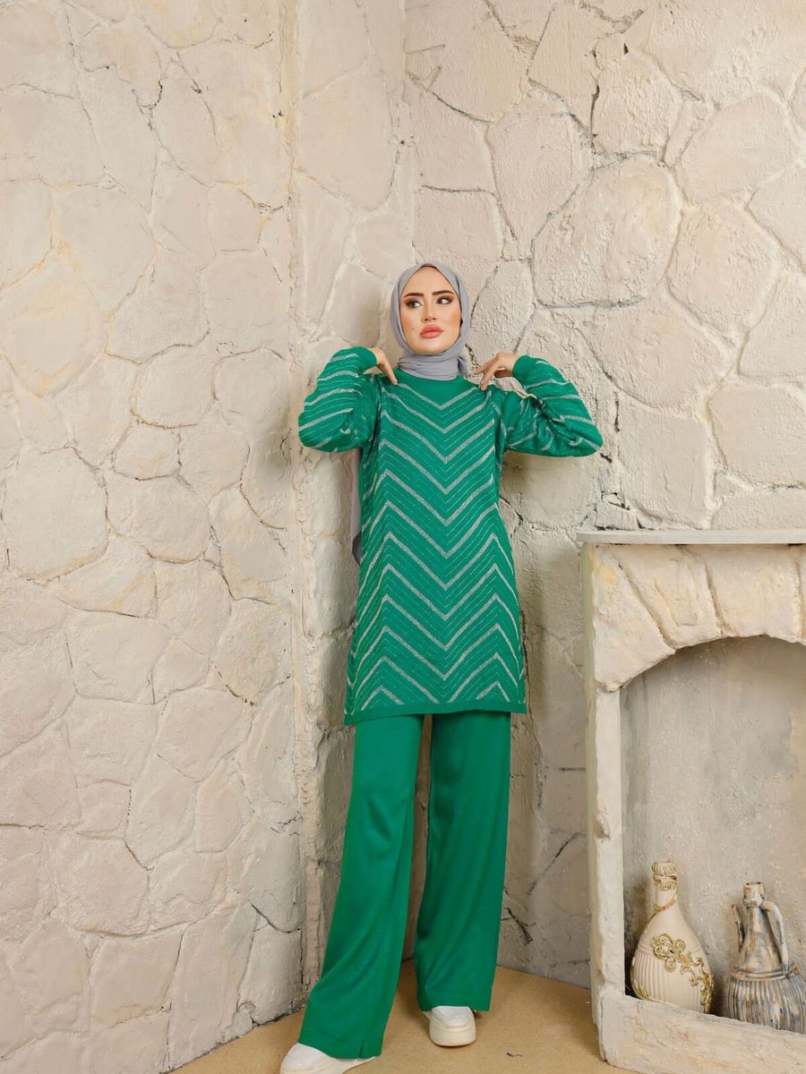 Sinanur Kadın Yeşil Zikzak Desenli Pantolonlu Takım 3118