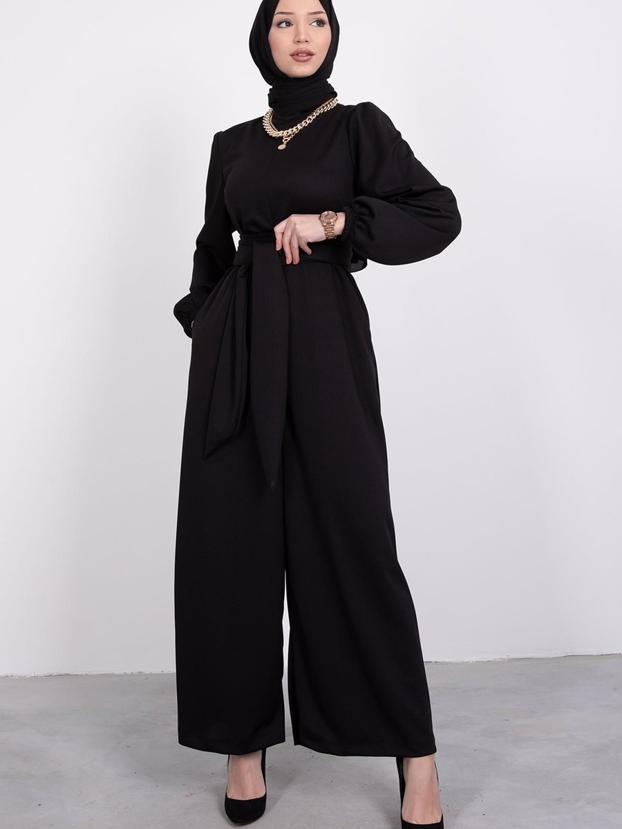Lamia Giyim Geniş Kuşak Dolamalı Tulum Siyah