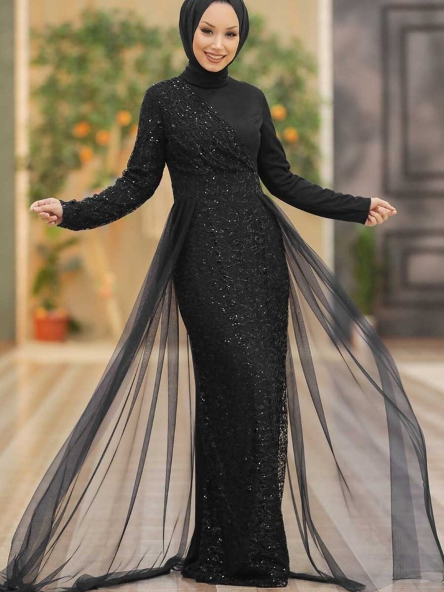Neva Style Pul Payetli Siyah Abiye Elbise