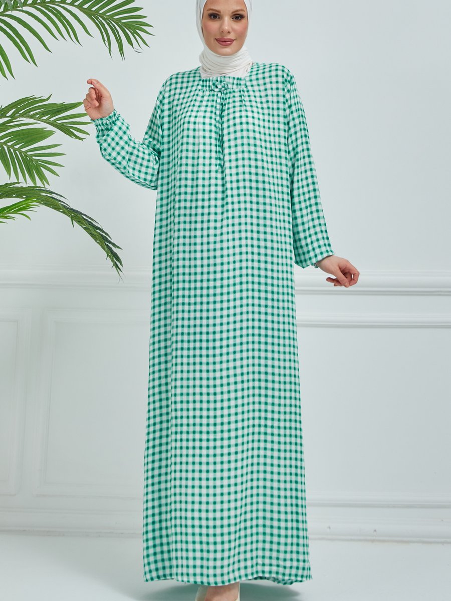 Buhara Giyim Ekoseli Bağcıklı Elbise