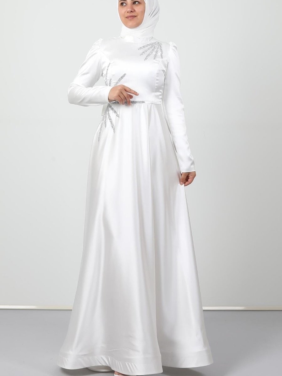 Giza Giyim Etek Ucu Tarlatanlı Abiye Elbise Beyaz