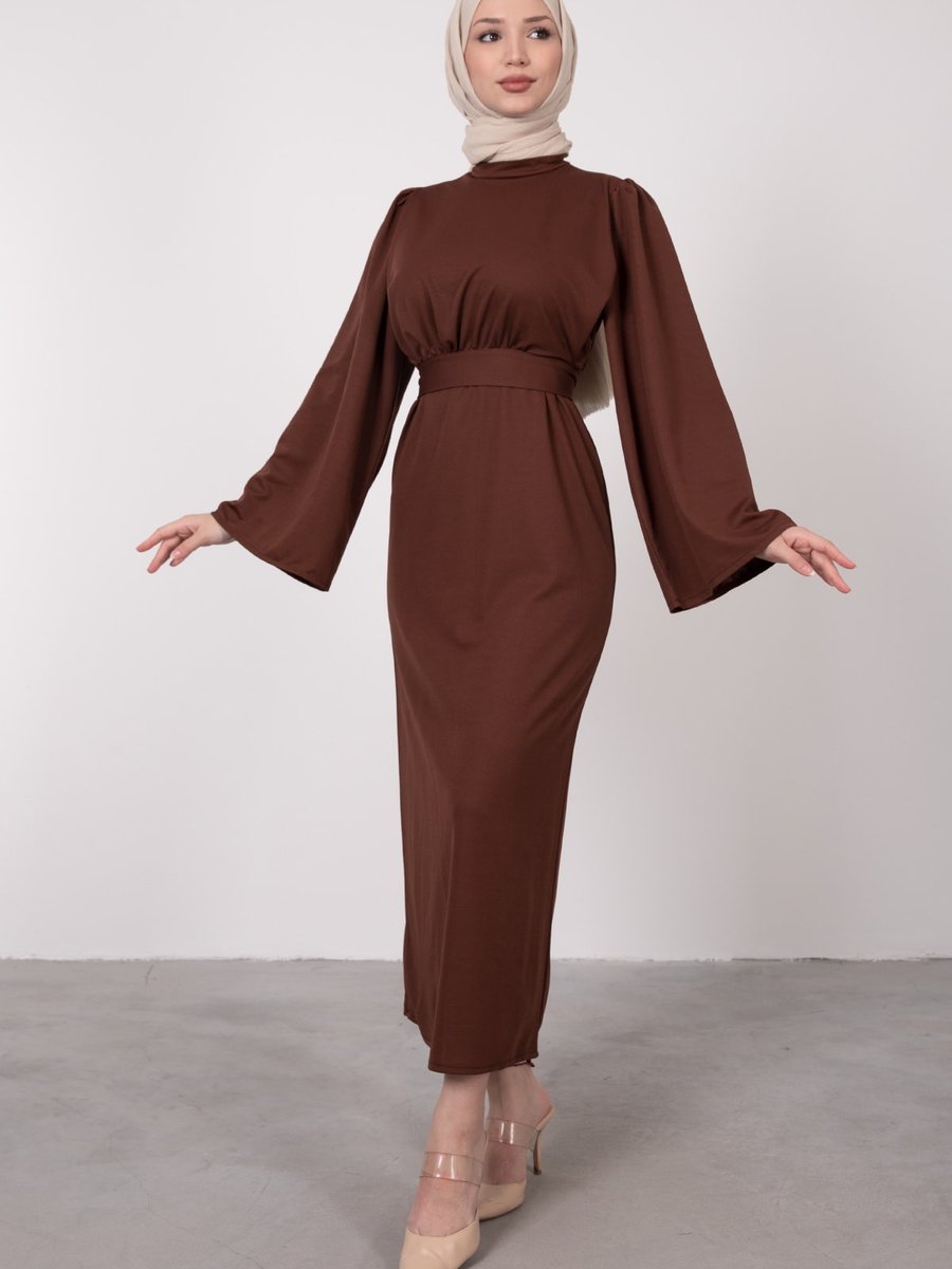 Lamia Giyim Volan Kol Kuşaklı Elbise Kahverengi