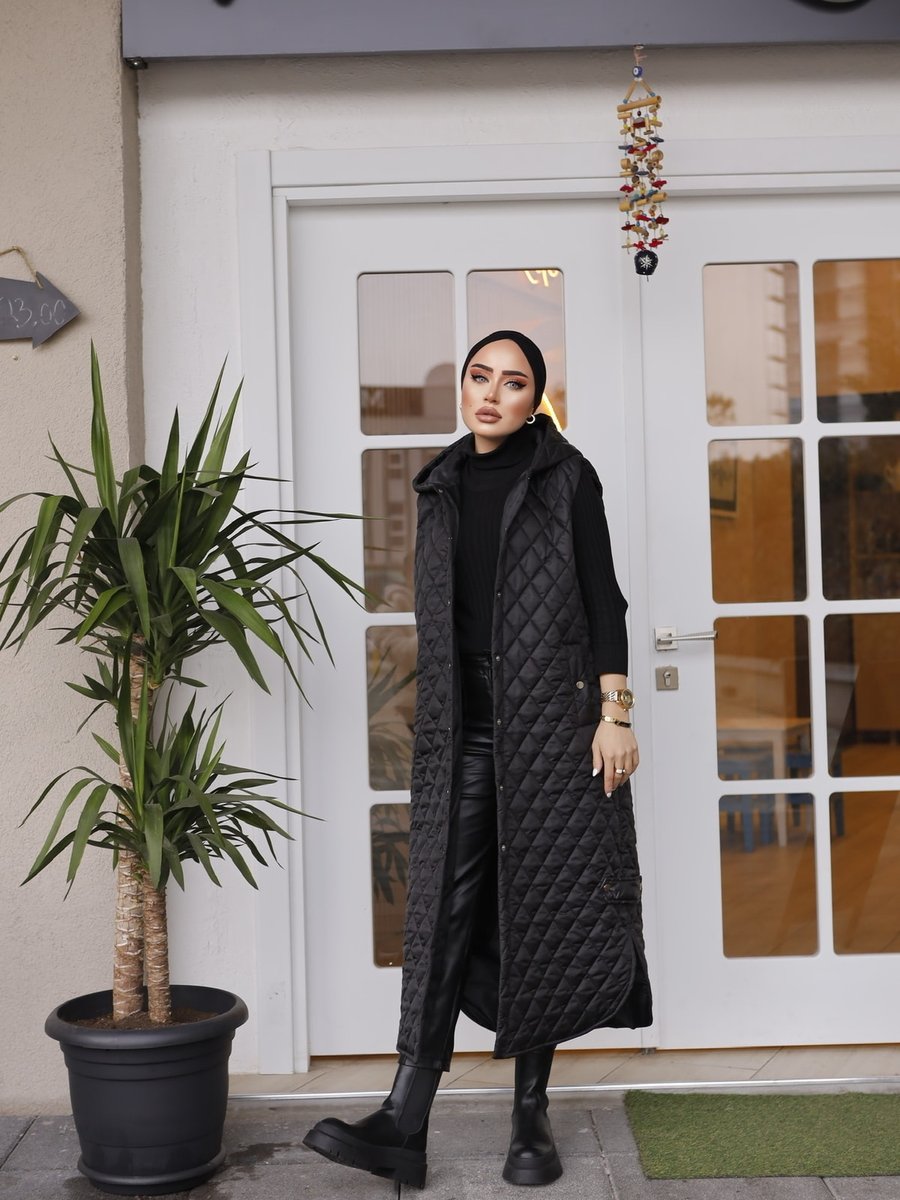 Moda Grej Kapüşonlu Yırtmaç Detaylı Uzun Dolum Yelek