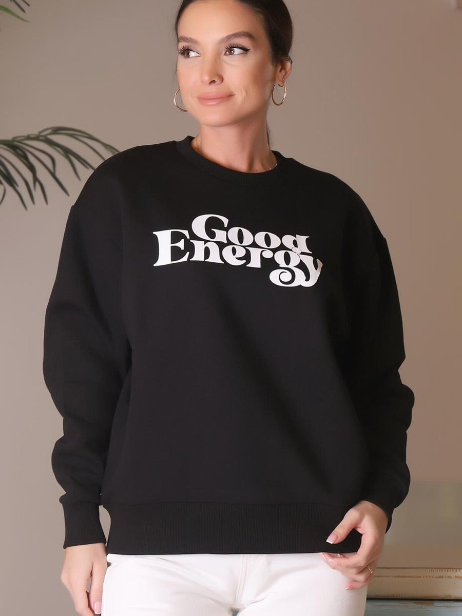 Fashion Friends Siyah Sıfır Yaka Sweatshirt