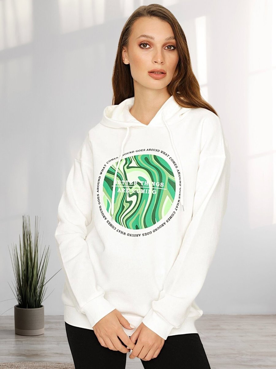 Select Moda Ekru Kapüşonlu Önü Baskılı Şardonlu Sweatshirt