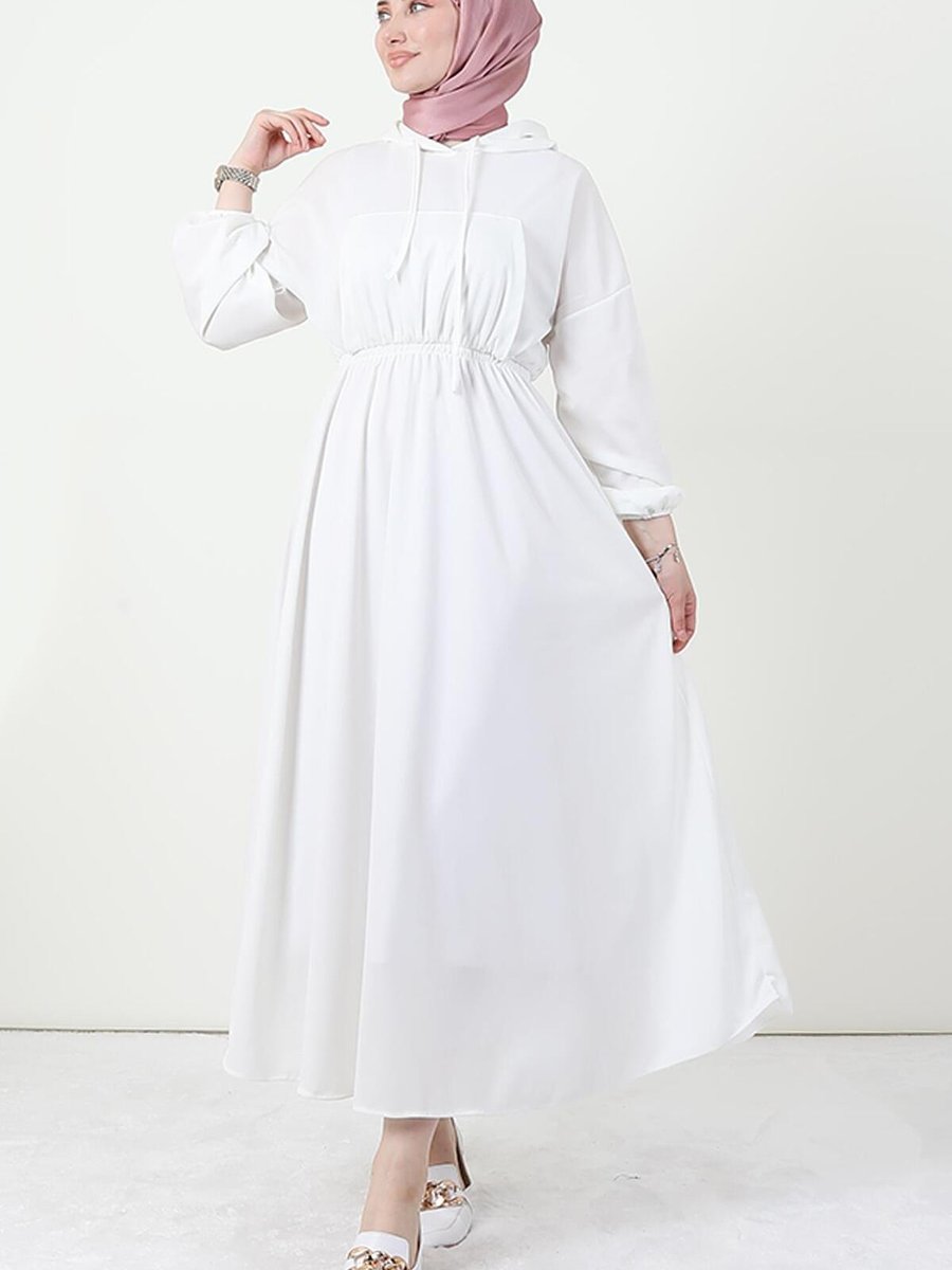 Giza Giyim Göğsü Cepli Kapüşonlu Elbise Beyaz